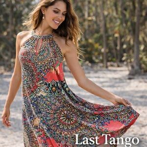 Last Tango Boho Mandala Print Stretch Halter Shift Dress Made USA Resort Size L